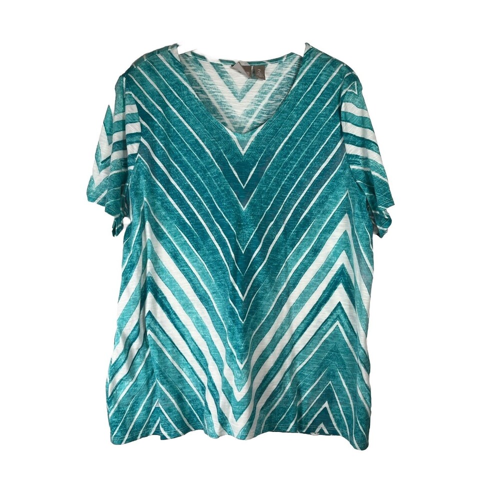 Chicos sz 2 L blue art print top cotton short sleeve blouse